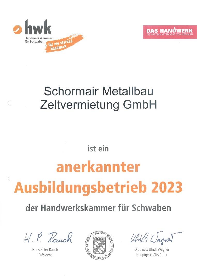 Urkunde Schormair Ausbildungsbetrieb 2023